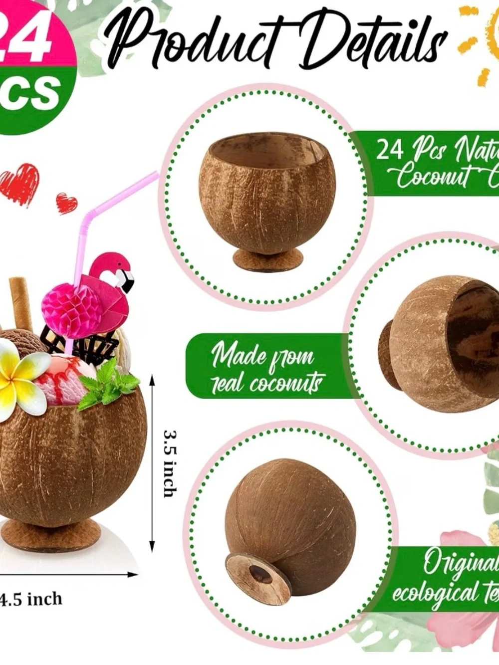 12 Tropical Flamingo Coconut Cup Party Decoration - Pink